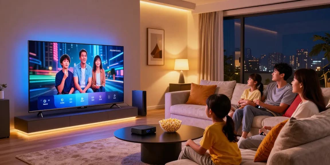Family enjoying movie night with Samsung Micro RGB TV in modern living room with ambient lighting and stylish decor.