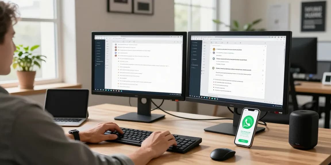 Person using WhatsApp網頁版 on a modern desktop setup, showcasing digital communication.