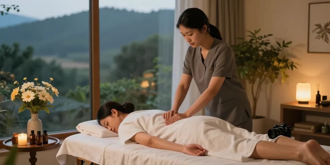 Relaxing 광명출장안마 massage scene with soft lighting and essential oils.