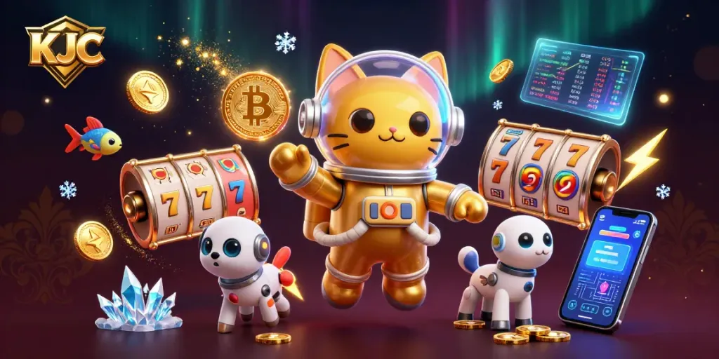 KJC gamblers spin the reels amidst a cosmic casino filled with vibrant crypto elements.