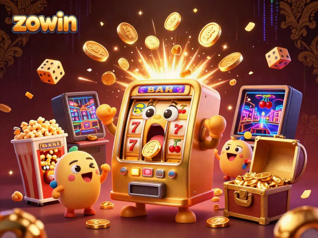 Engage with zowin's vibrant casino experience through a thrilling jackpot scene with cartoon slot machines.
