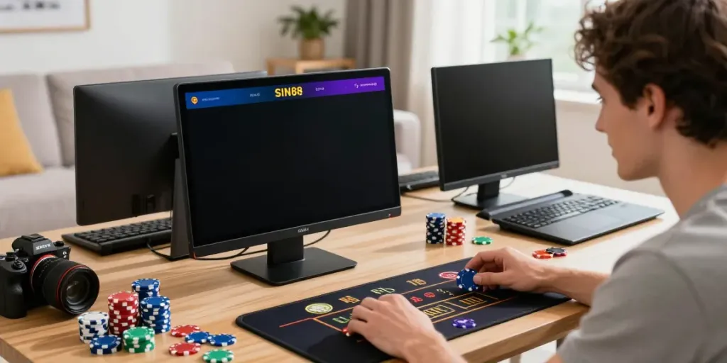 Engaging moment of a user on the SIN88 nhà cái platform with casino and sports decor.