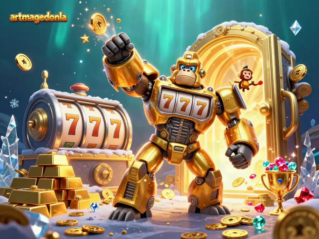 Experience thrilling gambling action at artmageddonla with stunning visuals of a golden gorilla mech.