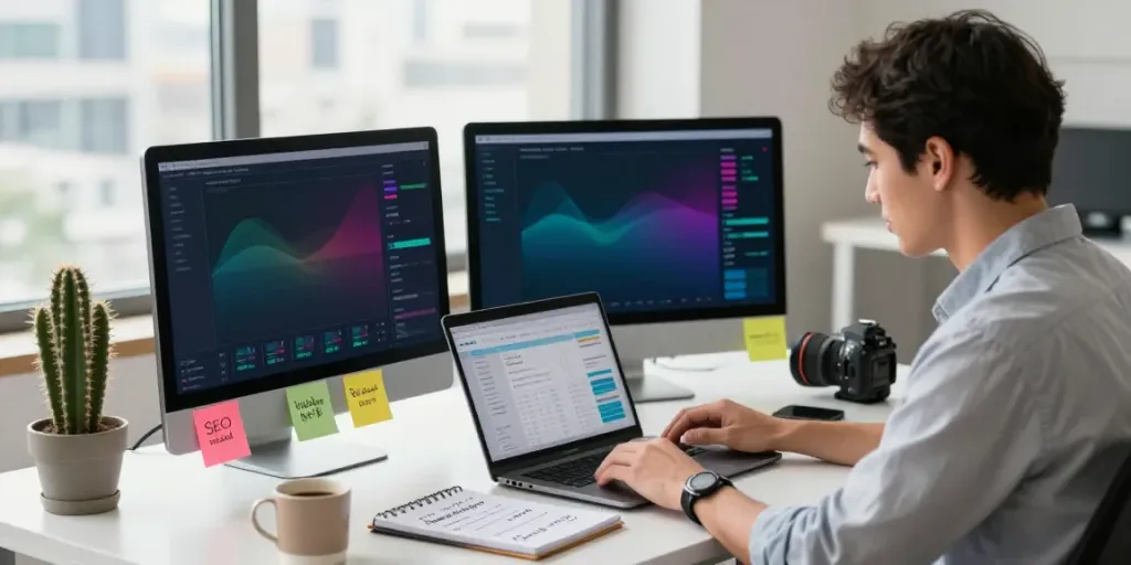 Digital marketer analyzing instant indexing metrics in a modern office.