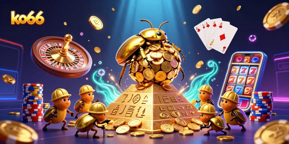 Experience thrilling gaming with the golden beetle of ko66 rolling jackpot coins in a vibrant casino scene.