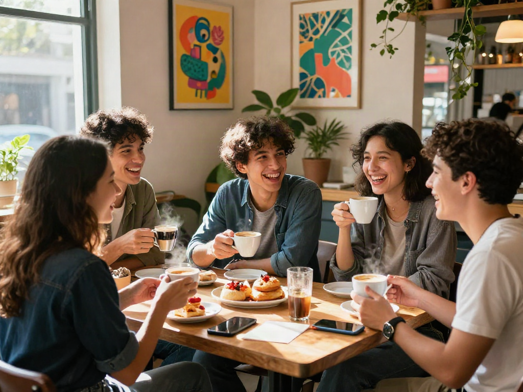 Group of friends enjoying a lively spicy chat in a café, surrounded by coffee and laughter.