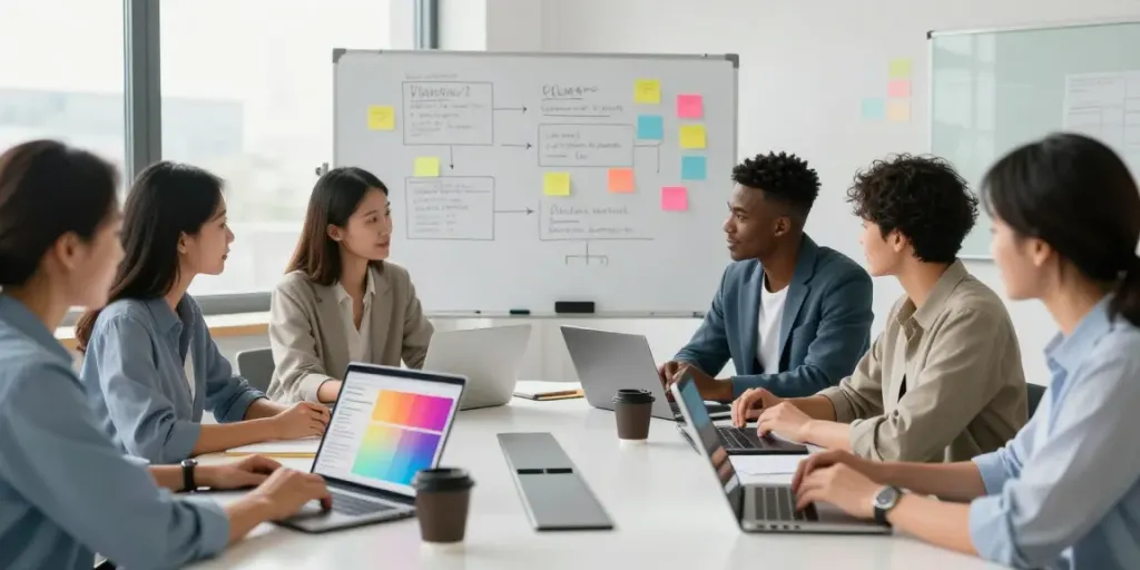 Team collaborating on business strategies with detailed presentations and notes in a bright office.