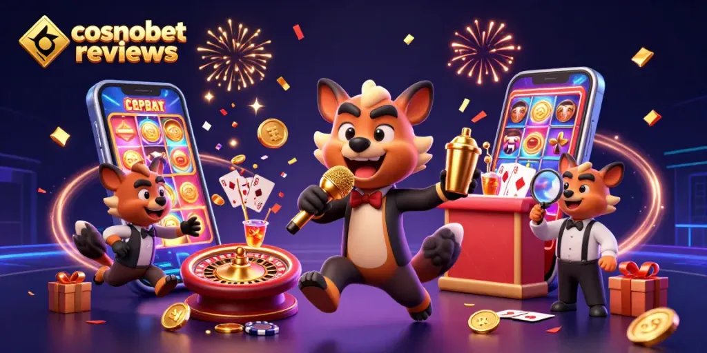 Engage with cosmobet reviews in this vibrant casino scene featuring cartoon hyenas.