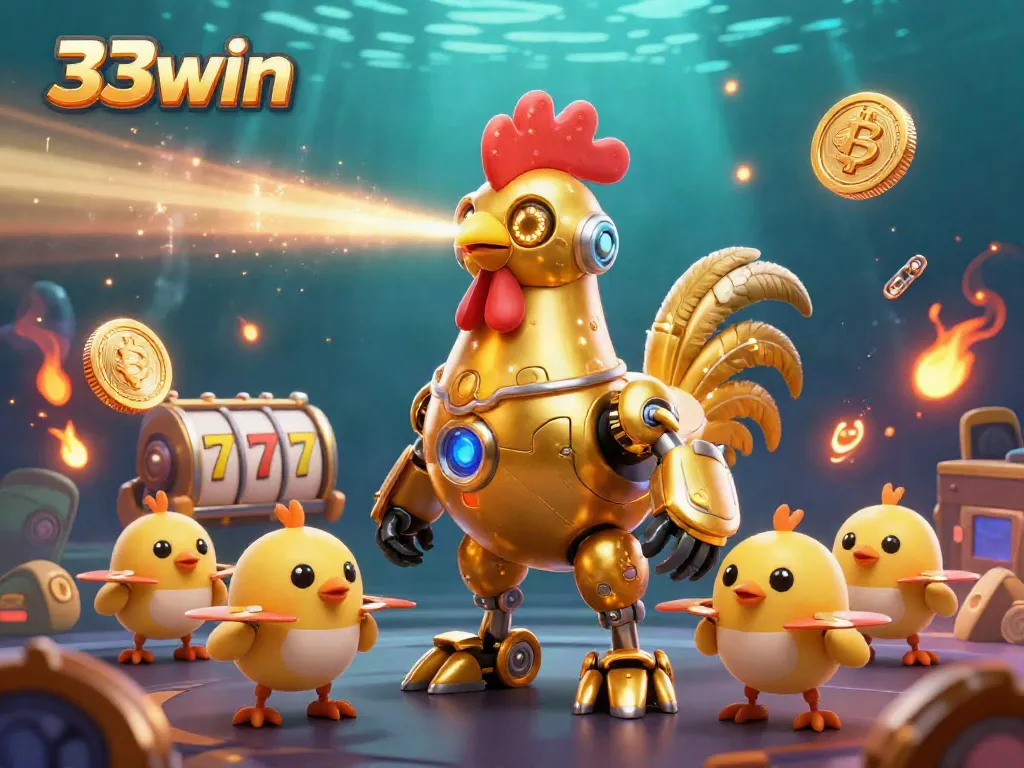 Visualize the engaging world of 33win with a golden rooster robot blasting jackpot wins in a vibrant casino scene.