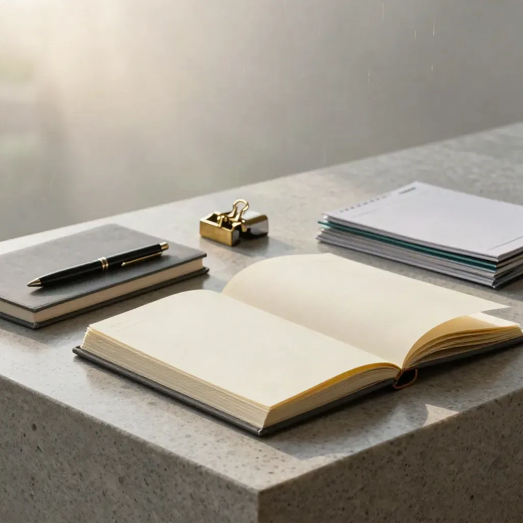 Planner spread with blank cards, brass clips, notebook, pen, and paperweight on travertine.