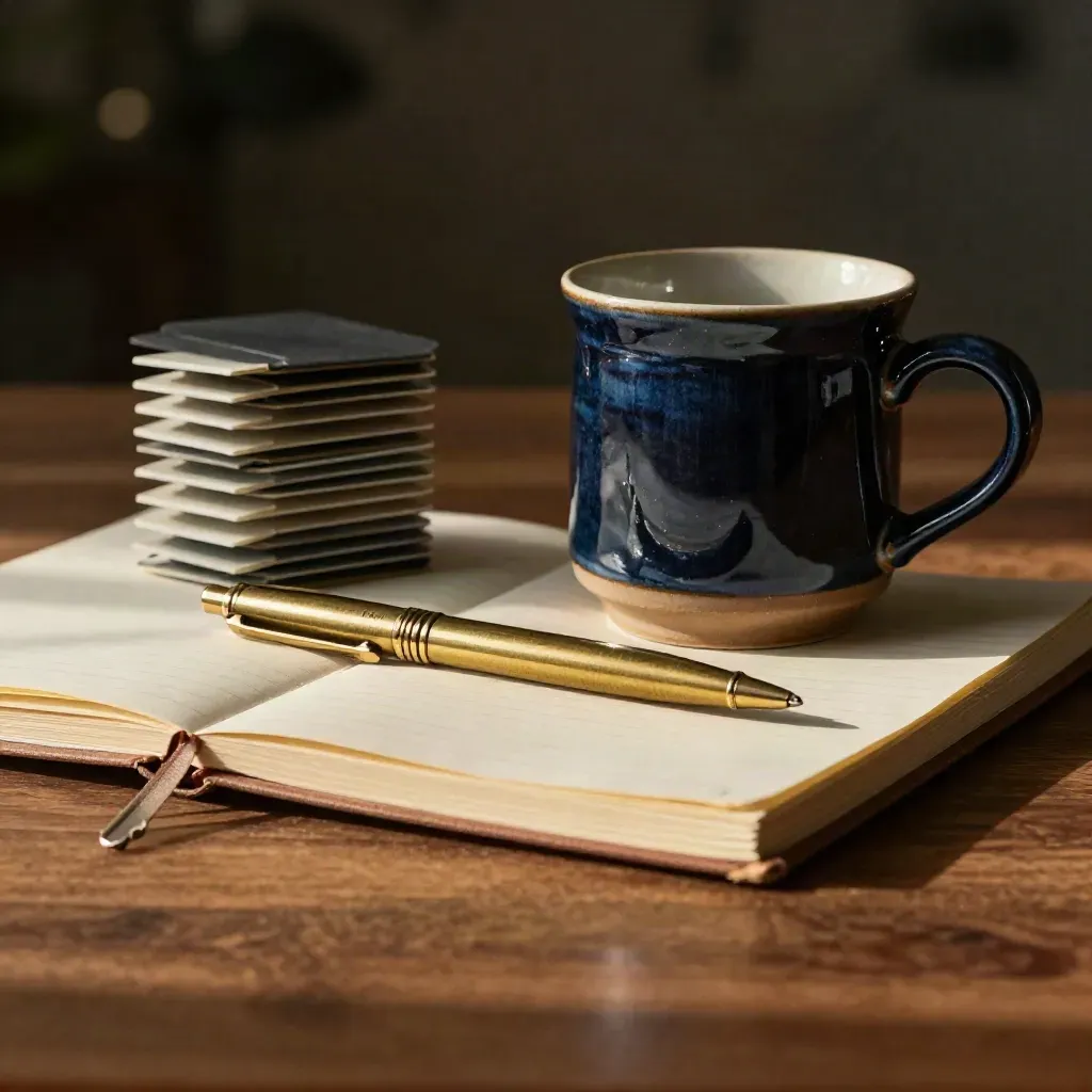 Macro still life of a mug, notebook, brass pen, and project tabs on walnut wood