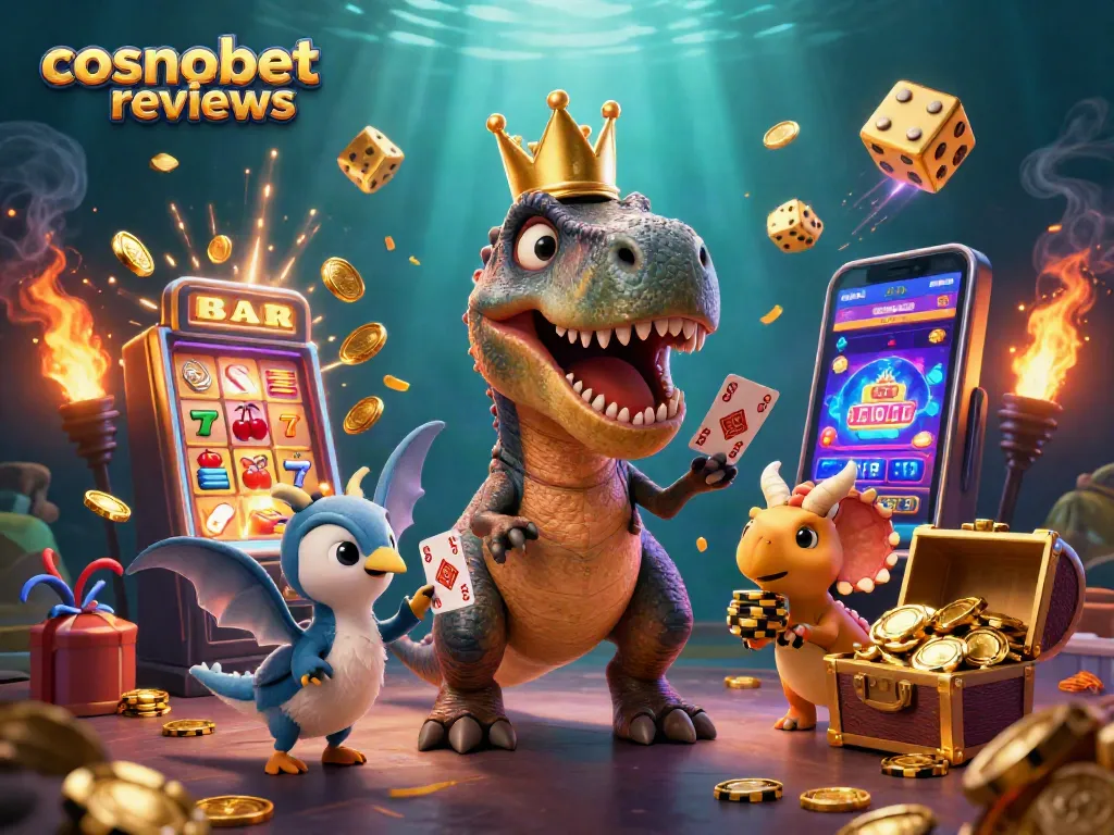 Experience thrilling cosmobet reviews with playful dinosaurs amidst vibrant casino elements.