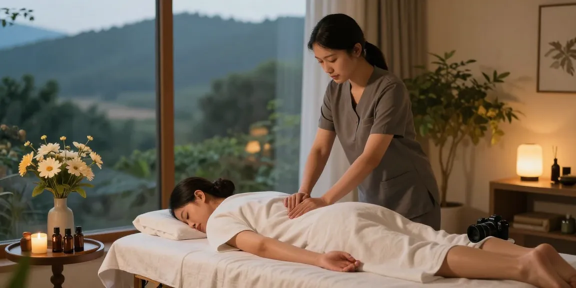 Relaxing 광명출장안마 massage scene with soft lighting and essential oils.