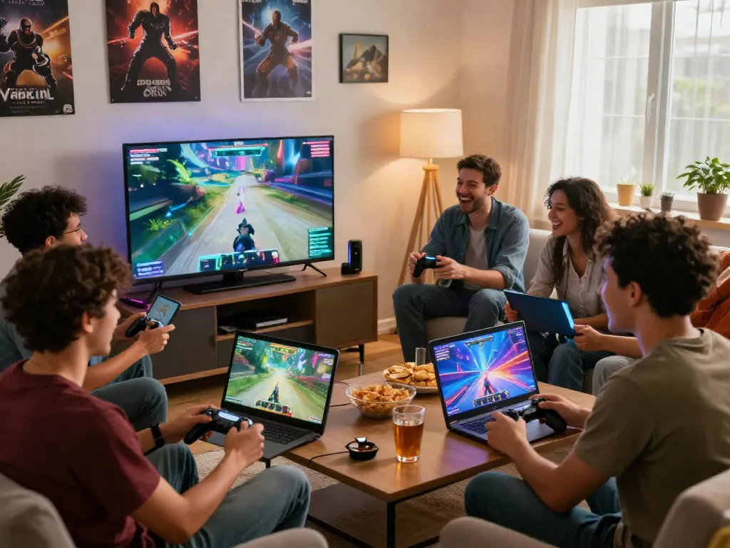 Friends enjoying online gaming at home, capturing the vibrant atmosphere of gaming together at http://11bet-app.net/.