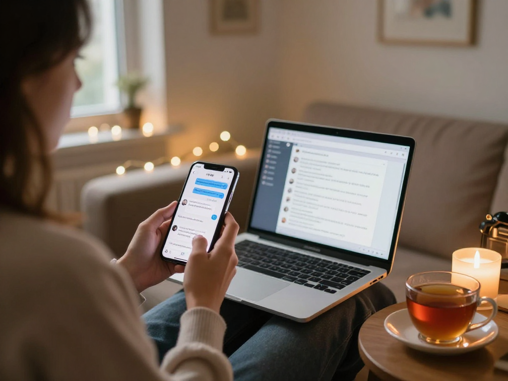 Cozy virtual chat scene showcasing sex chat ai on smartphone for intimate conversations.
