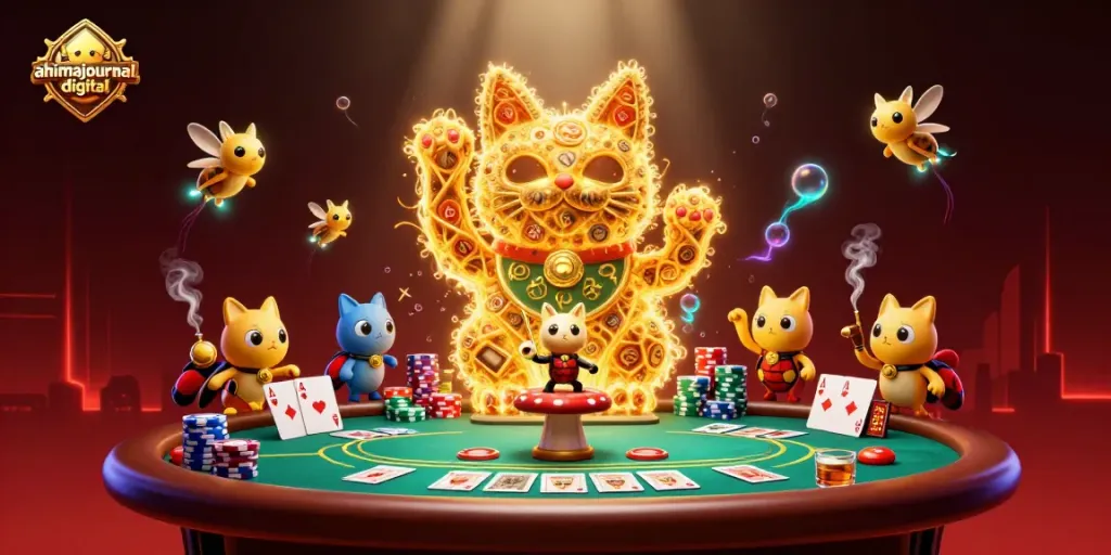 Engage with gambling excitement at ahimajournal-digital featuring a giant lucky cat and poker elements.