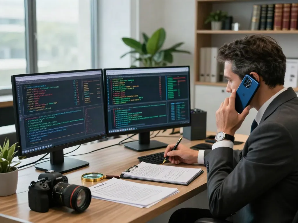 Cryptocurrency fraud investigation expert analyzing data in a sleek office setup.