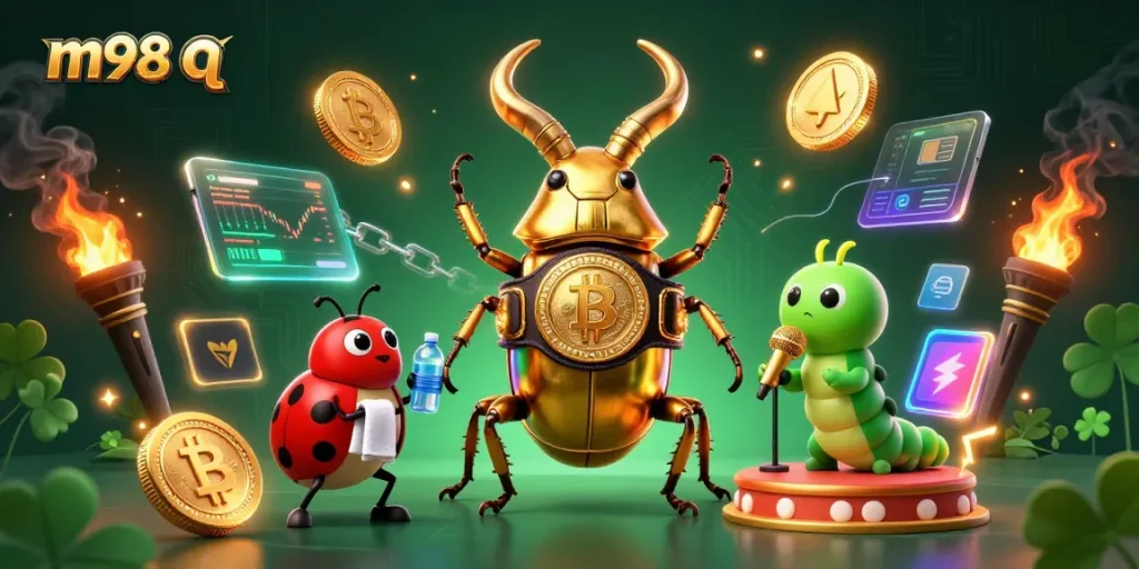 Engage with m98 q in a vibrant casino showdown featuring a golden stag beetle and dynamic game elements.