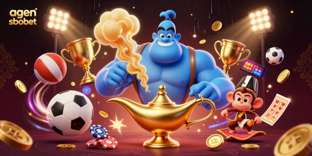 Experience the thrill of betting at agen sbobet with a dynamic 3D illustration of a genie and a lively scene of sports elements.