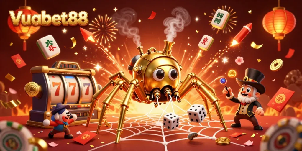 Catch the excitement at Vuabet88 with golden spider weaving luck in a vibrant casino scene.
