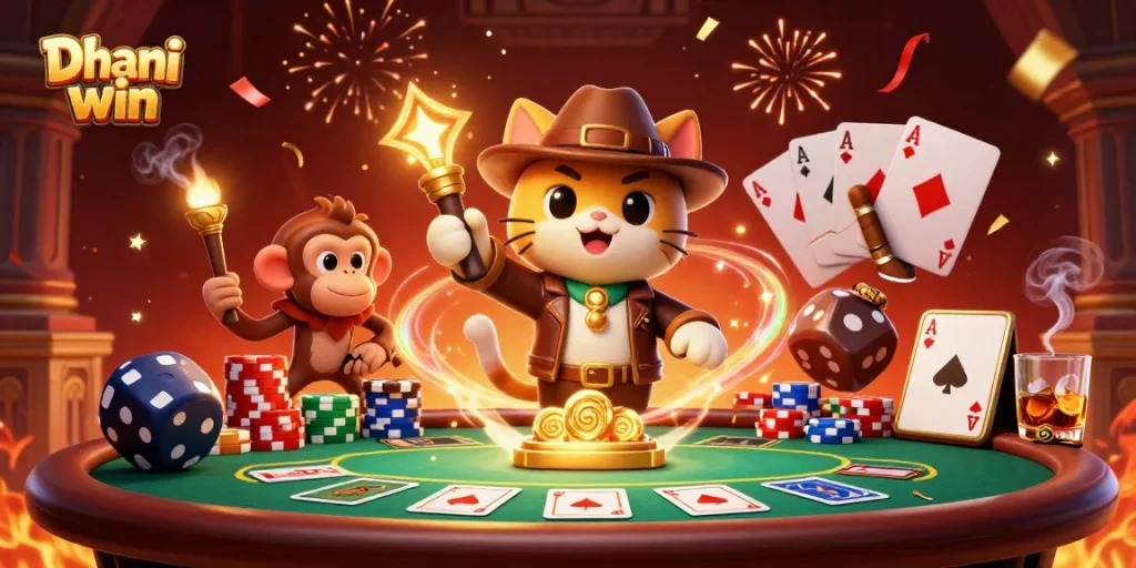 Explore exciting casino games at Dhani win with engaging characters in a vibrant atmosphere.