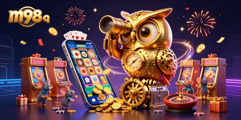 Play thrilling slots with the m98 q experience featuring vibrant characters and festive elements.