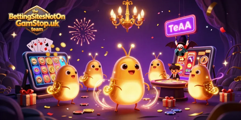 Experience the BettingSitesNotOnGamStop.uk team in a vibrant cave casino illustration.