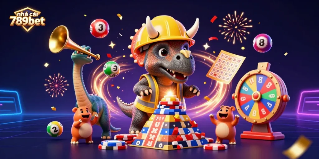 Engage with nhà cái 789bet's vibrant casino experience featuring lively 3D characters celebrating amidst colorful game elements.