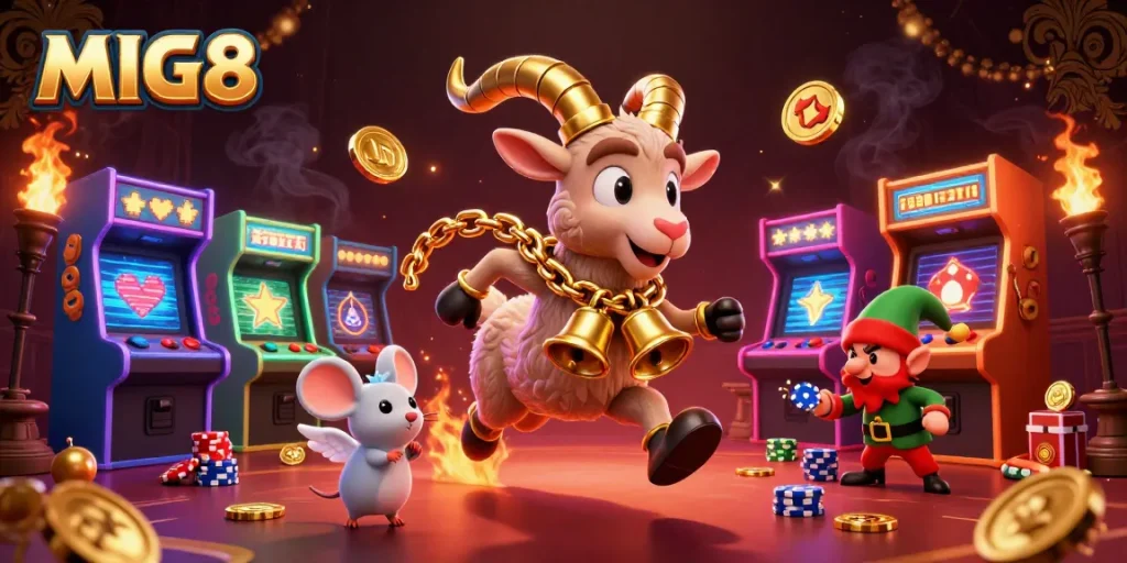 MIG8 Krampus-themed casino scene with an angel mouse and gremlins in action
