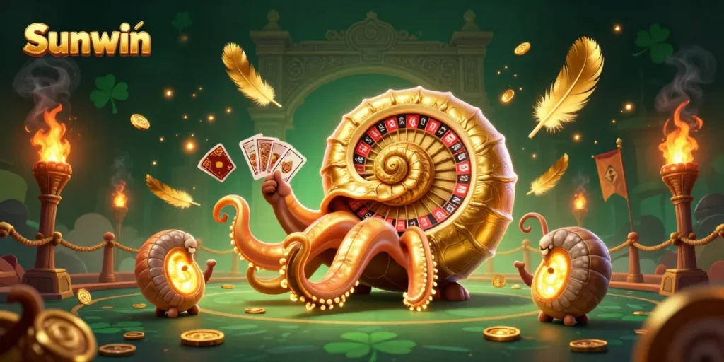 Play thrilling casino games at Sunwin with a vibrant 3D scene showcasing ancient elements and golden coins.