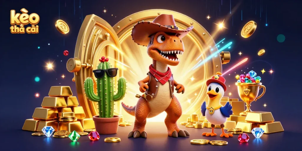 Engage with kèo nhà cái through an exciting scene featuring a dinosaur, cactus, and roadrunner in a treasure-filled casino.