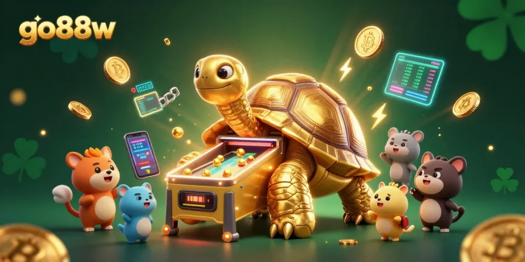 Engage with go88w's epic gaming experience featuring golden tortoise and vibrant crypto elements.
