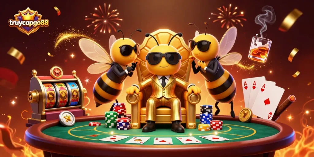 Experience the excitement of truycapgo88 with dynamic gambling elements in a vibrant illustration.