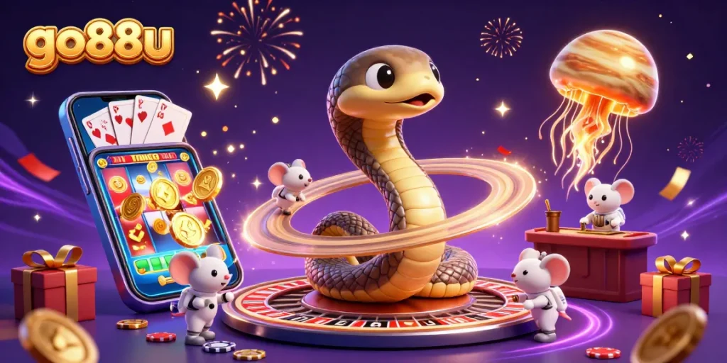 Engage with go88u's vibrant gaming scene featuring a cosmic dealer and adventurous bets.