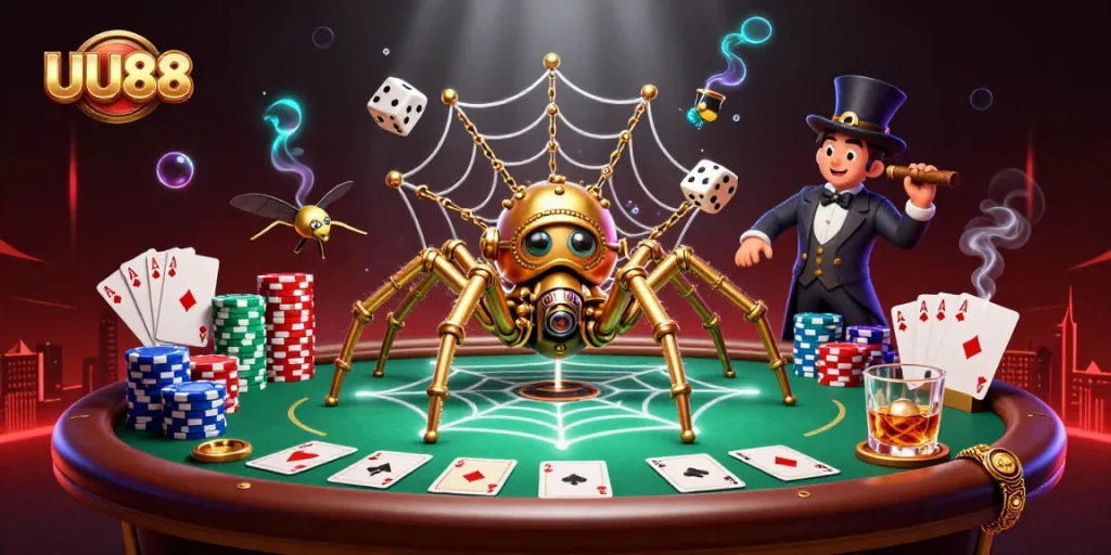 Experience thrilling gameplay at UU88 with a dynamic steampunk scene of a golden spider and poker elements captivating bettors.