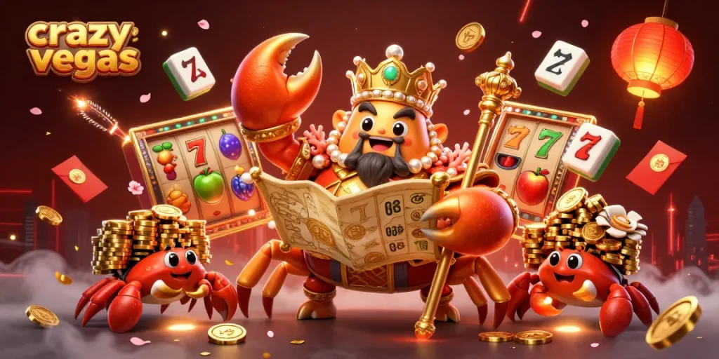 Win big at crazyvegas with a vibrant golden crab emperor in a dynamic casino scene filled with slot game excitement.