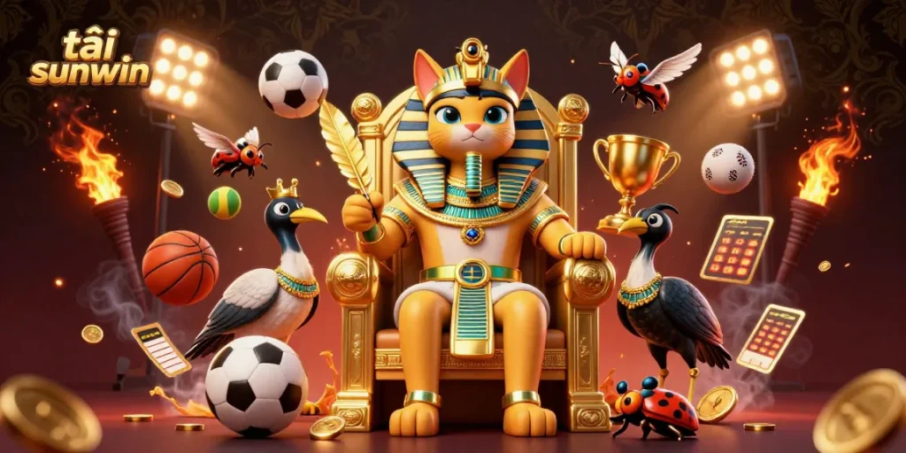 Place bets and win with tải sunwin, showcasing an Egyptian cat, sports elements, and vibrant casino energy.