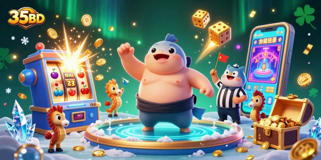 Experience the excitement of 35BD with a colorful underwater casino scene featuring a fugu in a sumo outfit.