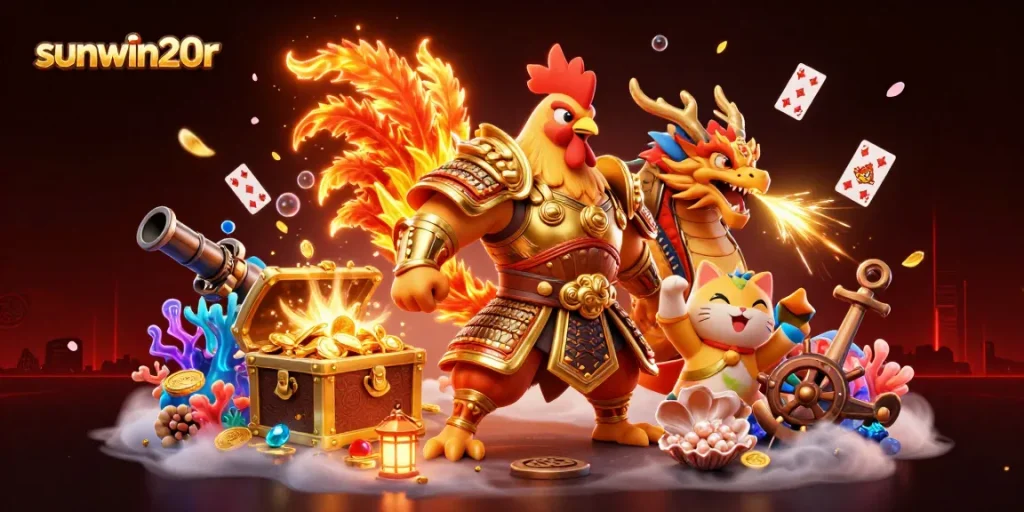 Play strategically at sunwin20r with a dynamic 3D cartoon scene featuring a rooster warrior and dragon hatchling.