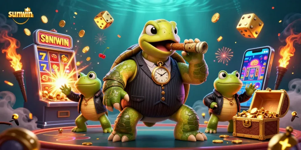 Experience thrilling wins at Sunwin with a vibrant scene of a cartoon turtle in a casino.