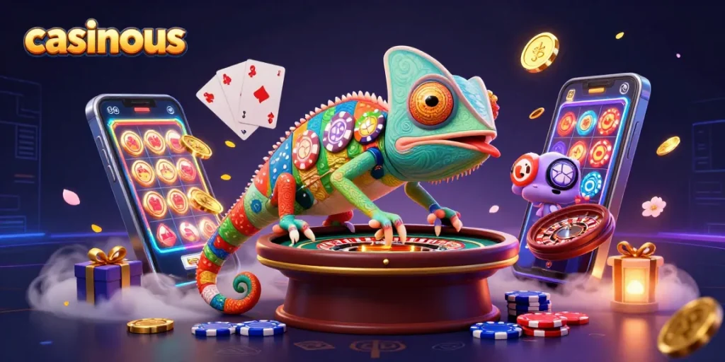 Win exciting casino bonuses with casinous, featuring a dynamic chameleon casino owner surrounded by vibrant gaming elements.