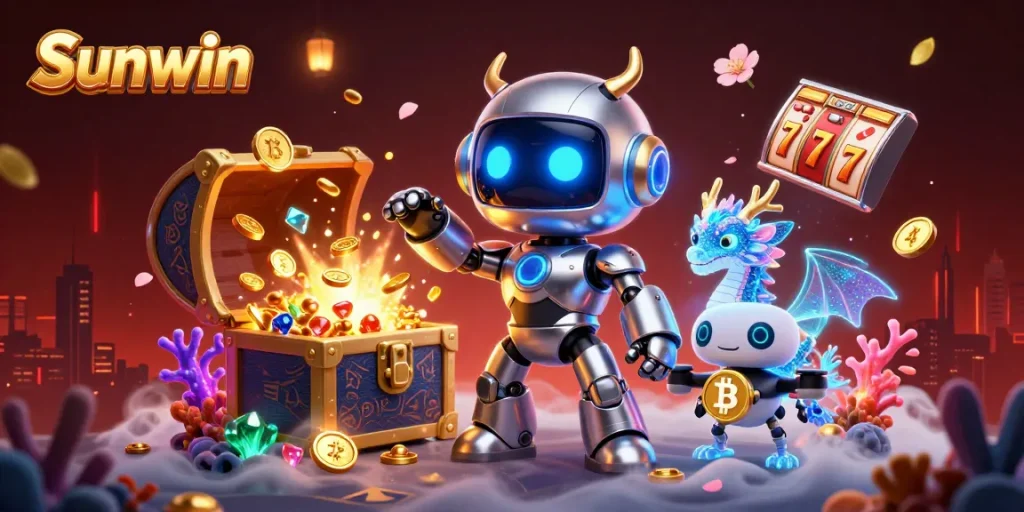 Spin to win with Sunwin at this vibrant 3D casino illustration featuring neon characters and slot reels.