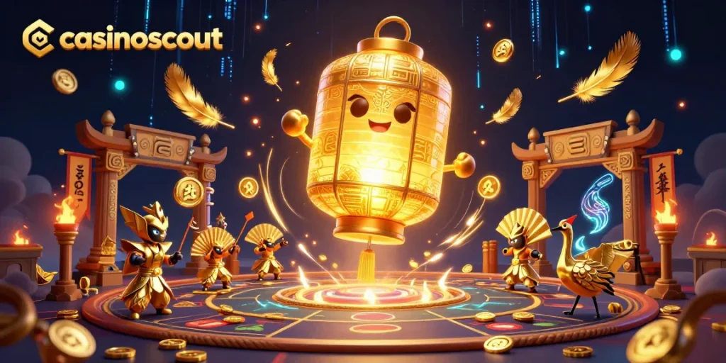 Explore the vibrant casinoscout illustration featuring a golden lantern spirit and casino elements.