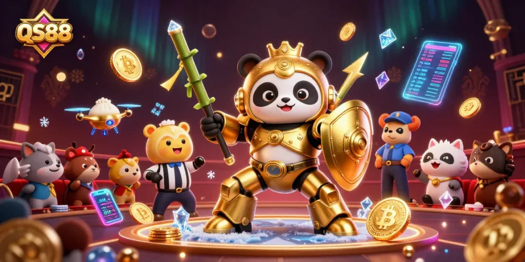 Engage with QS88's golden panda mech-suit in a lively casino arena, showcasing crypto elements.