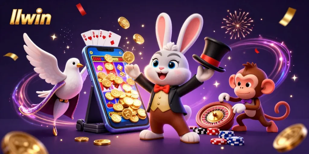 Winning the jackpot at llwin with a magician rabbit, dove, and poker chips in a rich casino scene.