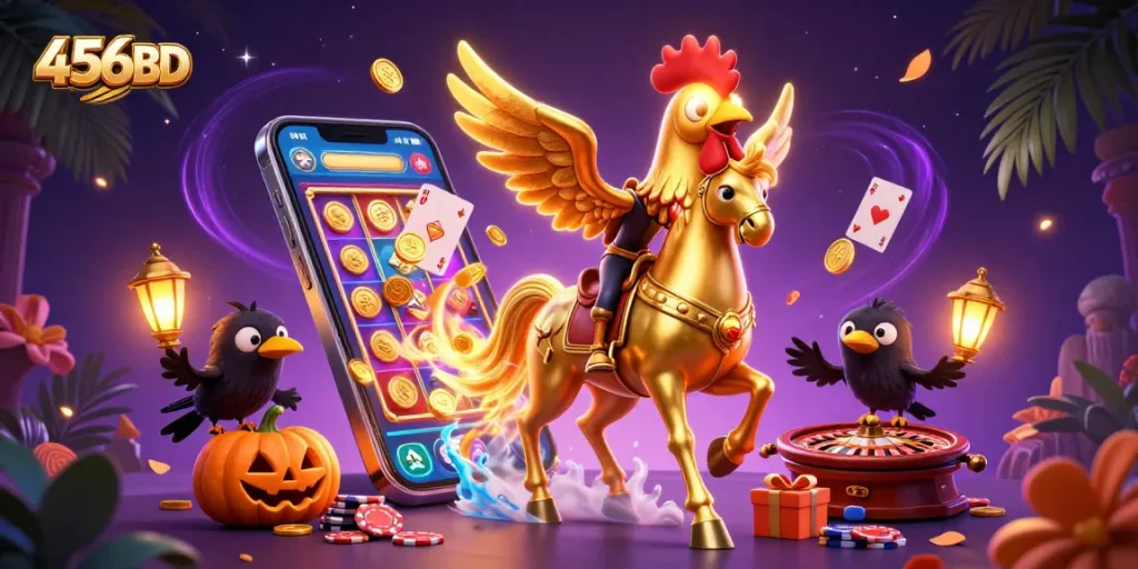 Engage with the vibrant slot gaming action of 456BD featuring a golden rooster in an exciting midnight casino.