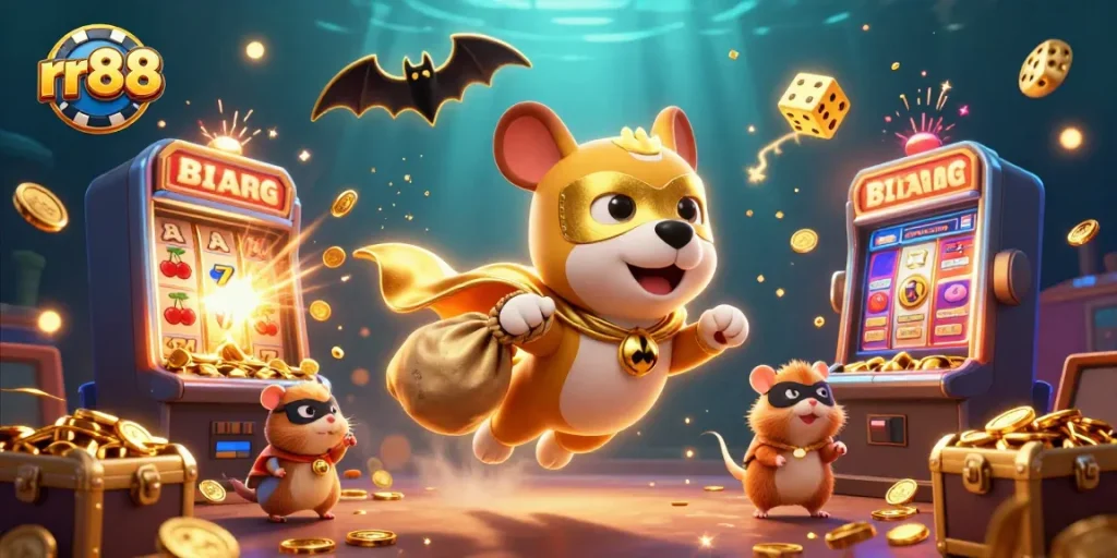 rr88 casino offers thrilling gameplay as a superhero dog and hamster transport gold coins in a vibrant scene.